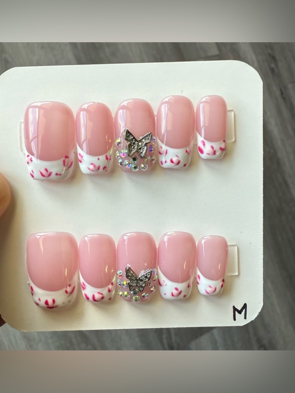Pink French Tip Press-On Nails with Butterfly Rhinestones